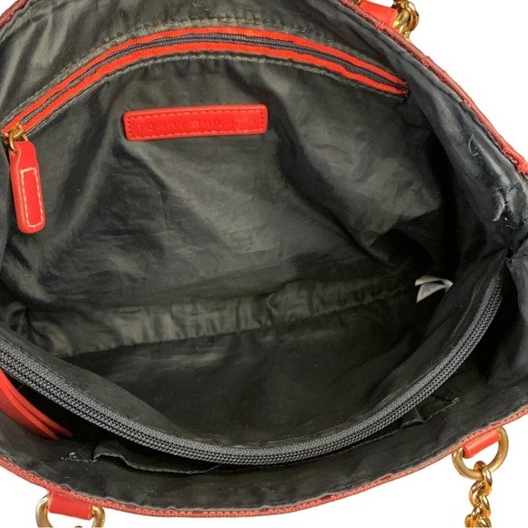 Tommy Hilfiger Tote Bag Red Logo Fabric Leather Trim Goldtone Hardware Chain - Picture 15 of 15
